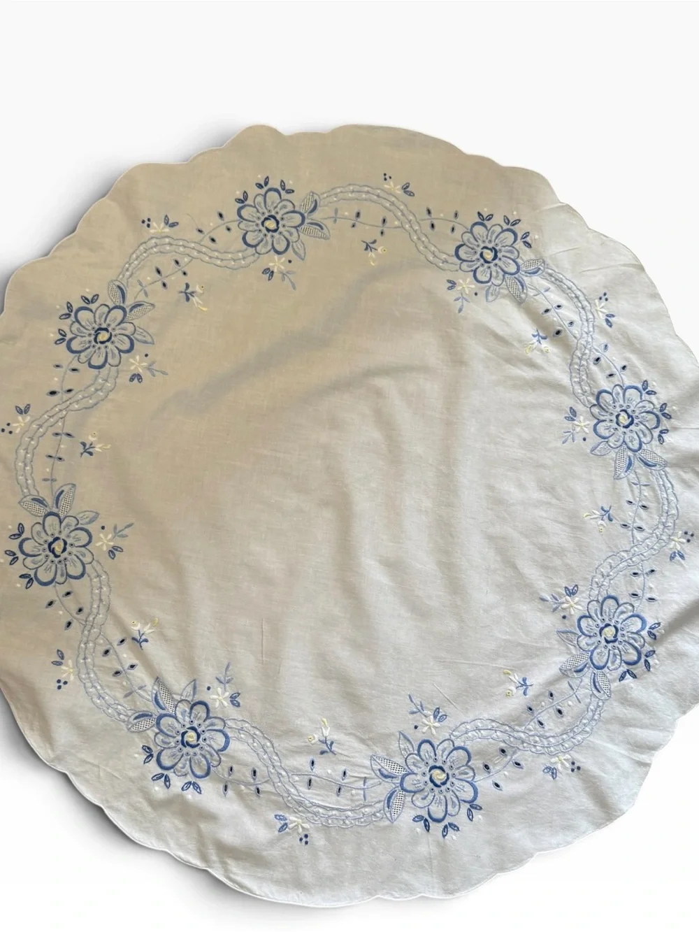 Vintage Blue Floral Embroidered Table Topper 32”